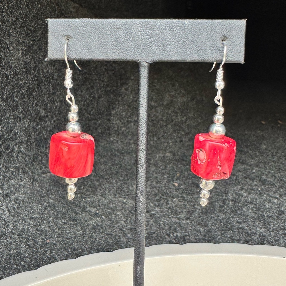 Handmade Red Coral and Silver Dangle Earrings